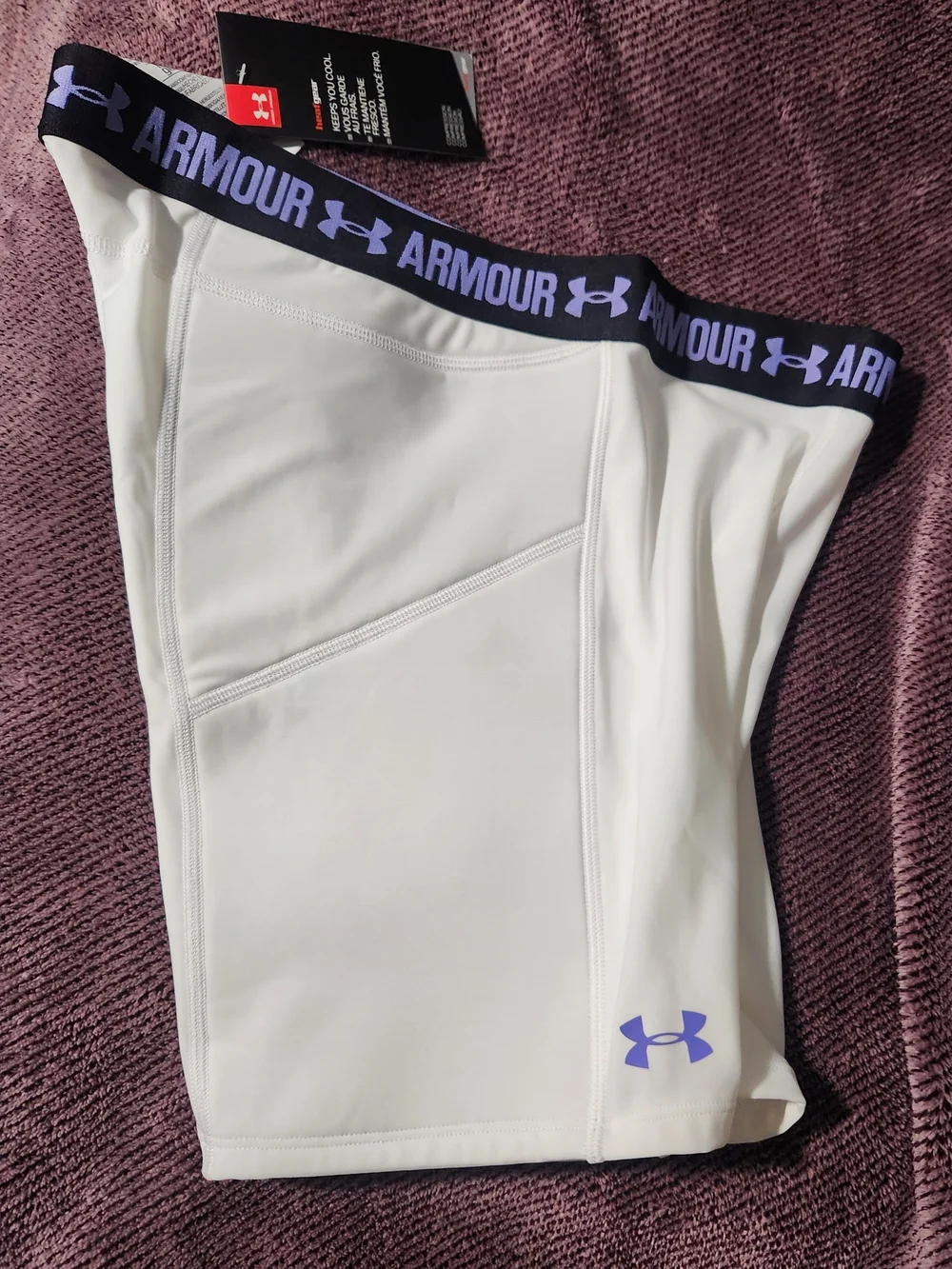 Under Armour White Compression Bike Shorts with Purple Branded Waistband